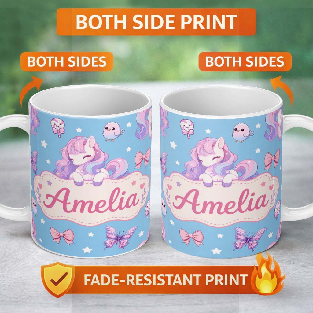 Personalized Custom Name Cute Pastel Unicorn Butterfly Candy Stars Blue Background Seamless 11oz Ceramic Coffee Tea Mug White Large Handle