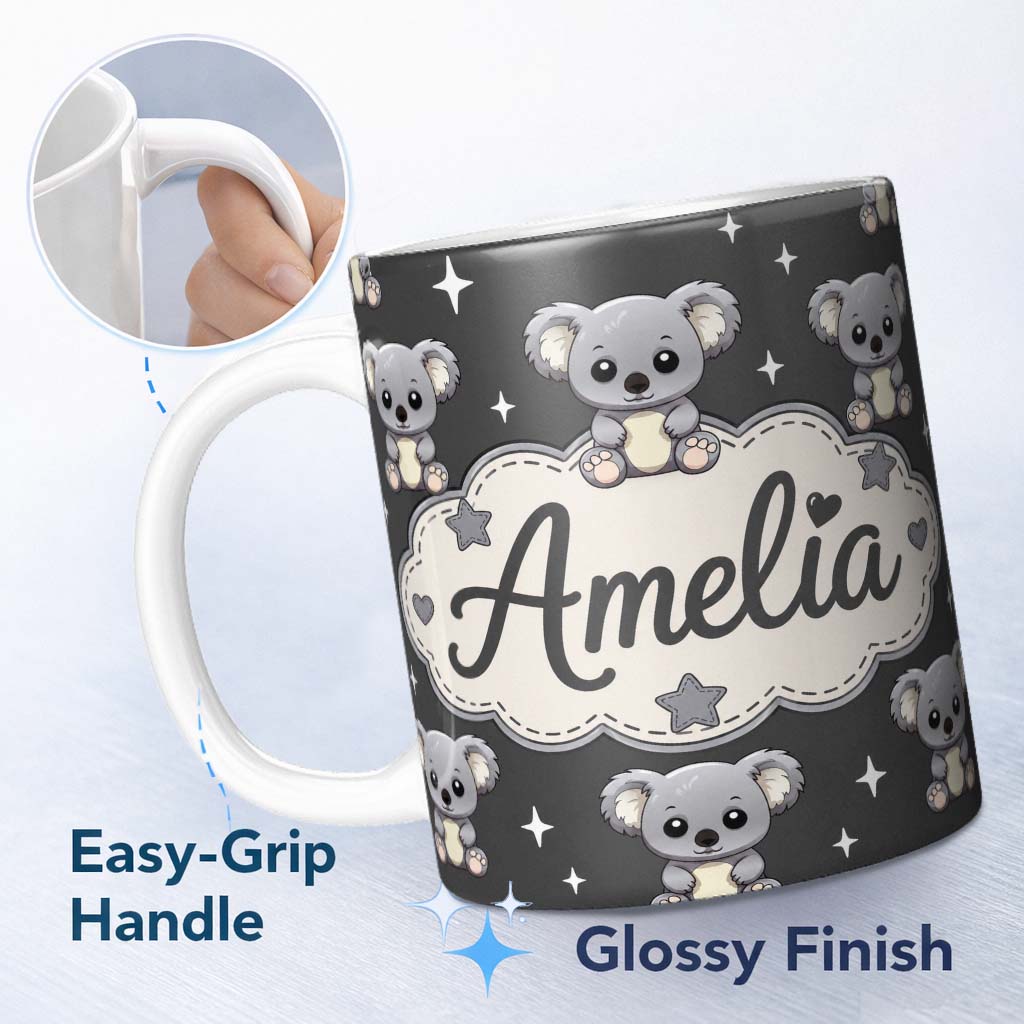 Personalized Custom Name Cute Koala Bears with Stars Dark Grey Background Seamless Pattern 11oz Ceramic Coffee Tea Mug White Large Handle