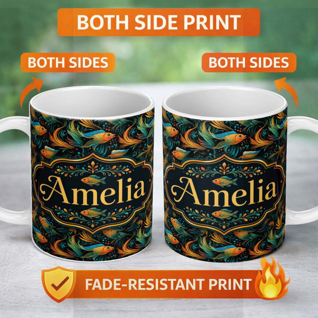 Personalized Custom Name Vibrant Goldfish with Flowing Fins on Dark Aquatic Background Lovely 11oz Ceramic Coffee Tea Mug White Large Handle