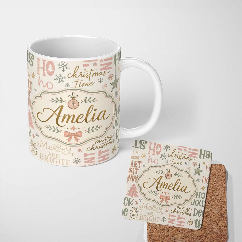 Personalized Custom Name Christmas Typography Holiday Words Pastel Seamless Pattern Lovely 11oz Ceramic Coffee Tea Mug White Large Handle