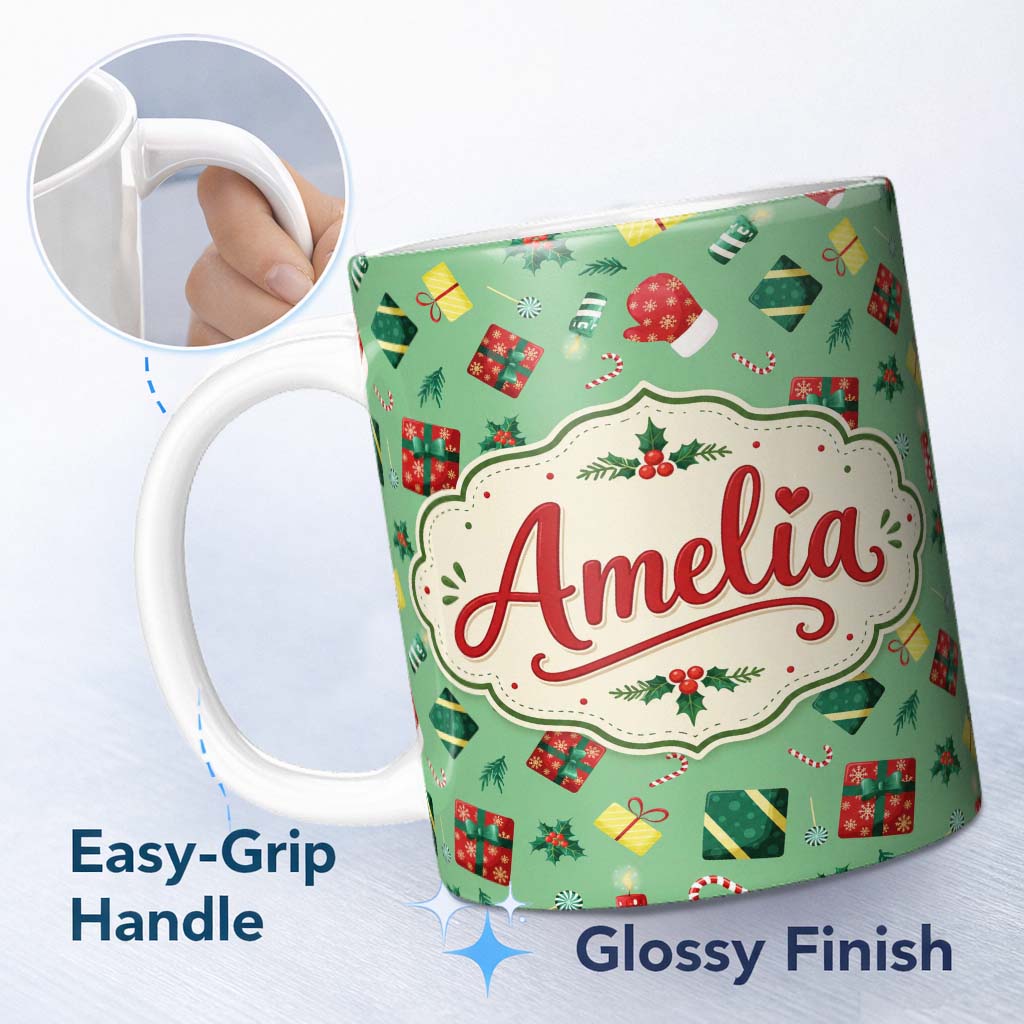 Personalized Custom Name Santa Reindeer Snowman Gift Boxes Ornaments Festive Seamless Pattern 11oz Ceramic Coffee Tea Mug White Large Handle