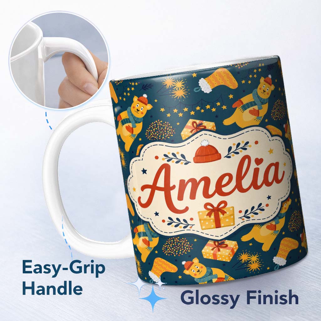 Personalized Custom Name Cute Christmas Bear Scarf Gift Box Lights Seamless Pattern Lovely 11oz Ceramic Coffee Tea Mug White Large Handle