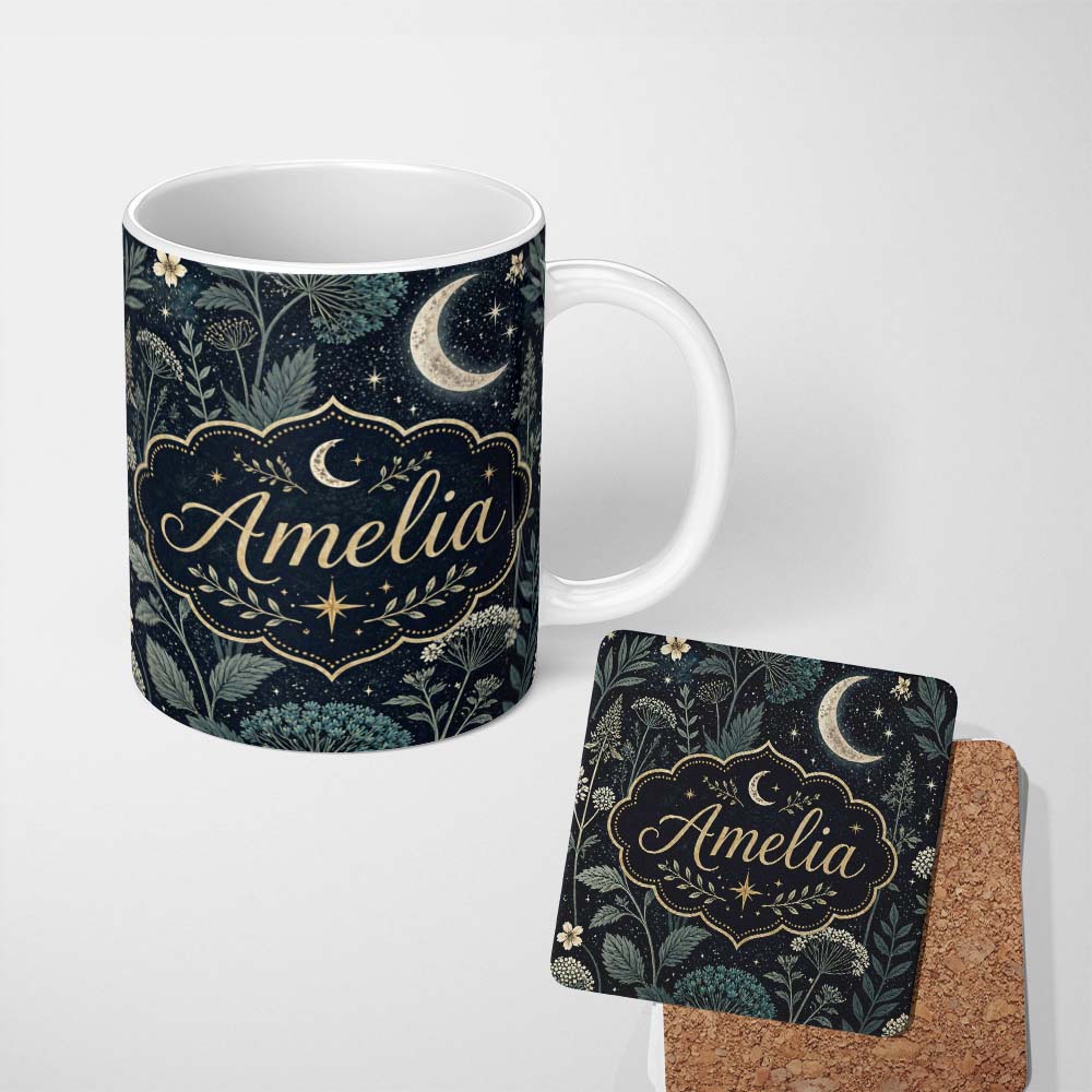 Personalized Custom Name Dark Botanical Moon Stars Night Meadow Seamless Pattern Lovely 11oz Ceramic Coffee Tea Mug White Large Handle