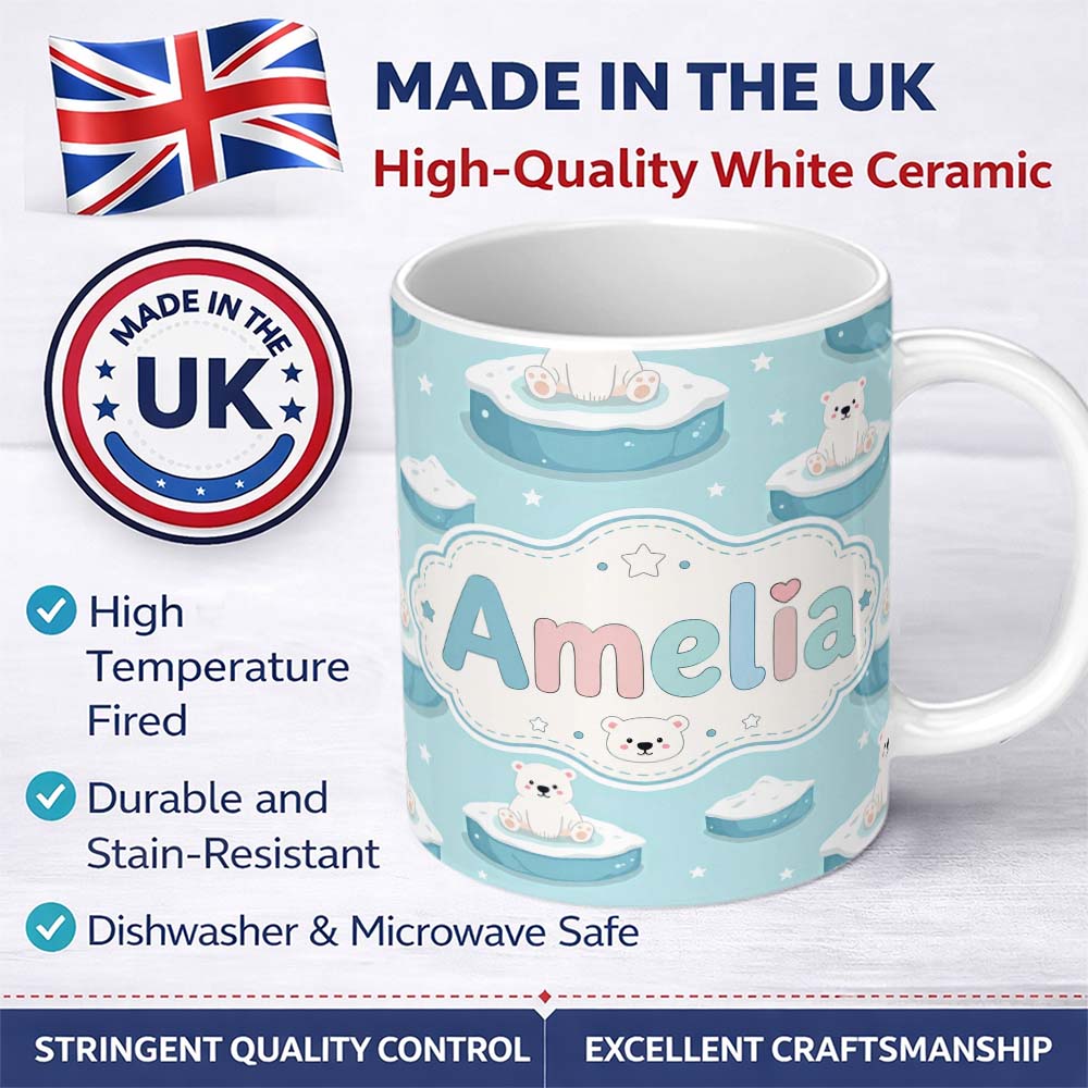 Personalized Custom Name Cute Polar Bears on Ice Floes Arctic Winter Cute Animals Seamless 11oz Ceramic Coffee Tea Mug White Large Handle