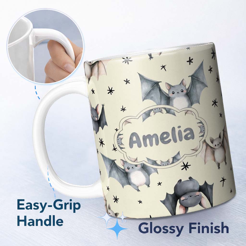 Personalized Custom Name Cute Baby Bats with Stars Night Sky Beige Background Seamless 11oz Ceramic Coffee Tea Mug White Large Handle