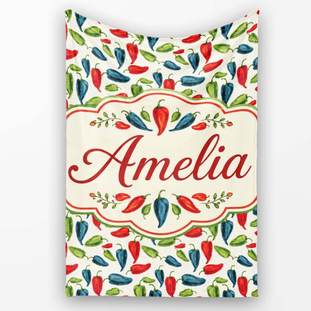 Hand Painted Pepper Seamless Pattern Red Blue Green Vegetable Print Personalised Custom Name Super Soft Fleece Blanket Bed Sofa Throw