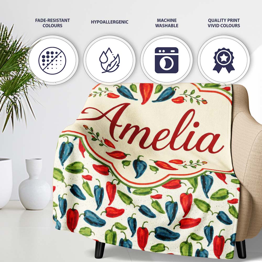 Hand Painted Pepper Seamless Pattern Red Blue Green Vegetable Print Personalised Custom Name Super Soft Fleece Blanket Bed Sofa Throw