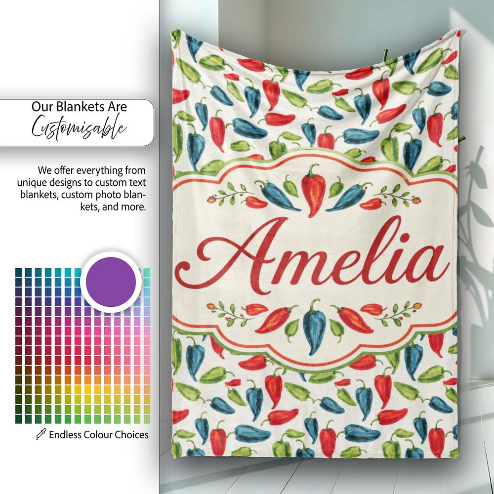 Hand Painted Pepper Seamless Pattern Red Blue Green Vegetable Print Personalised Custom Name Super Soft Fleece Blanket Bed Sofa Throw