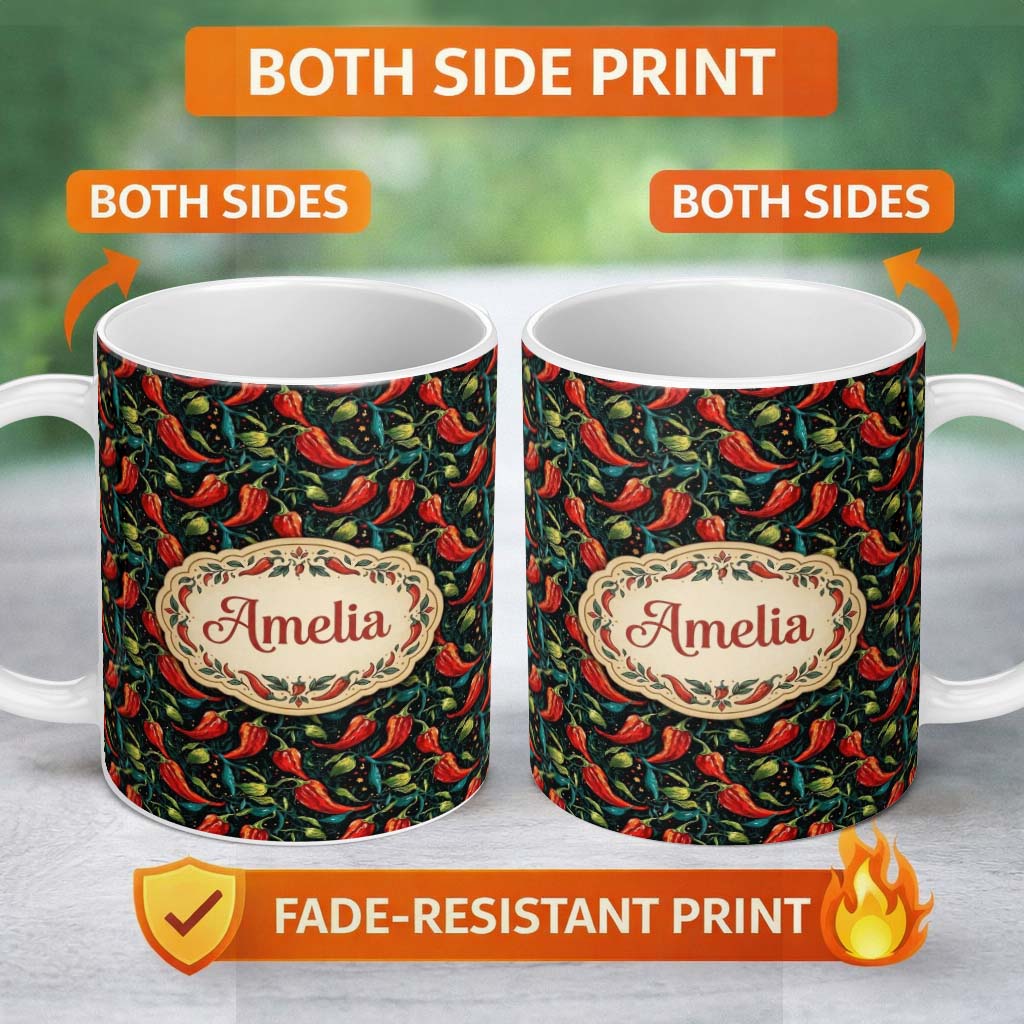Personalized Custom Name Modern Abstract Pepper Seamless Pattern Artistic Vegetable Design 11oz Ceramic Coffee Tea Mug White Large Handle