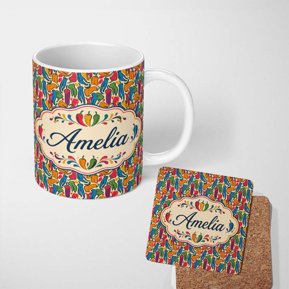 Personalized Custom Name Bright Abstract Multicolor Pepper Seamless Pattern Modern Artistic 11oz Ceramic Coffee Tea Mug White Large Handle