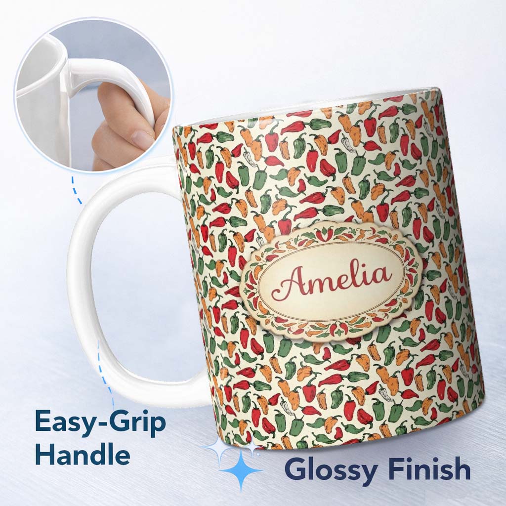 Personalized Custom Name Vintage Mixed Pepper Seamless Pattern Red Orange Green Rustic Food 11oz Ceramic Coffee Tea Mug White Large Handle