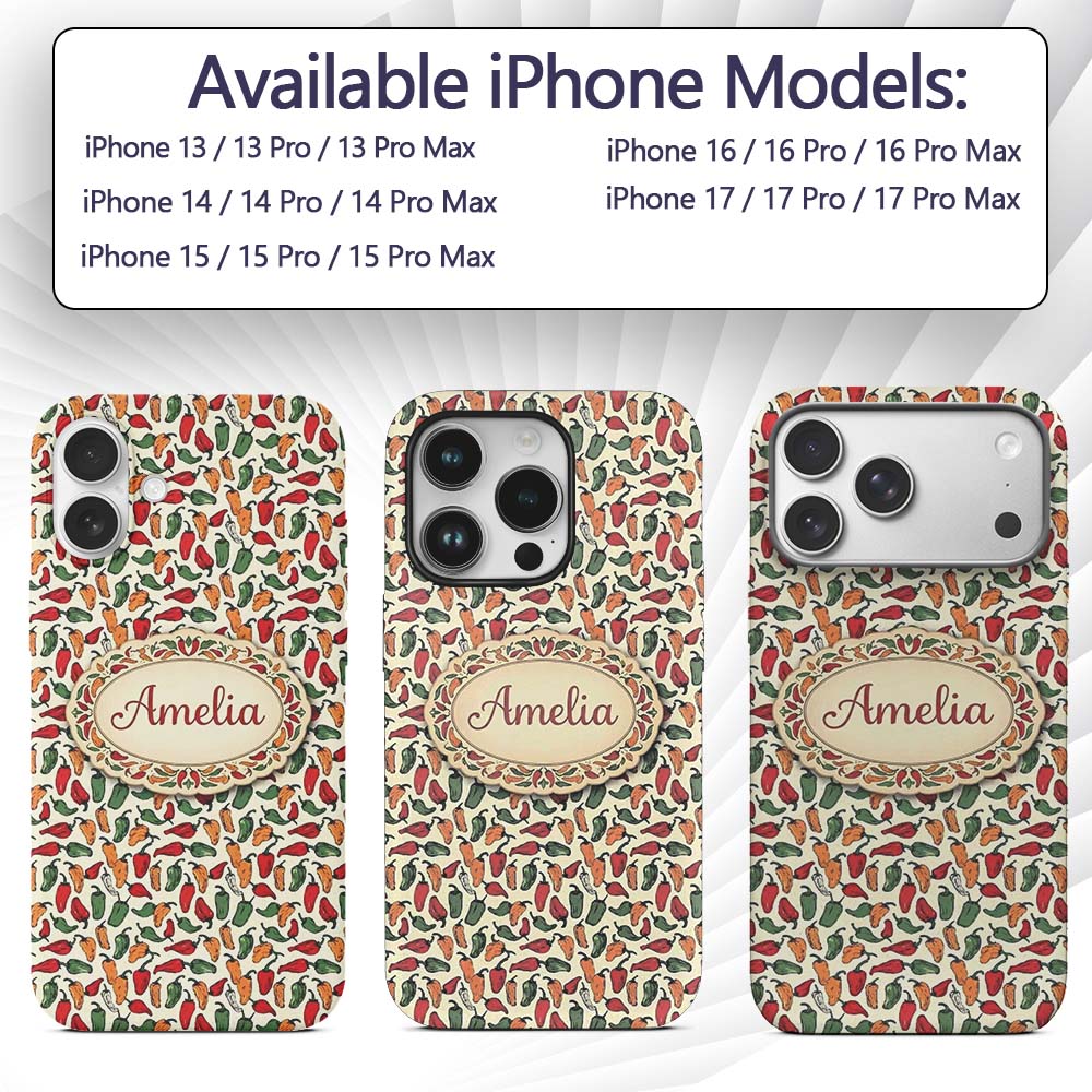 Vintage Mixed Pepper Seamless Pattern Red Orange Custom Name Protective Phone Case Mobile Cover Durable Everyday Smartphone Shock Resistant
