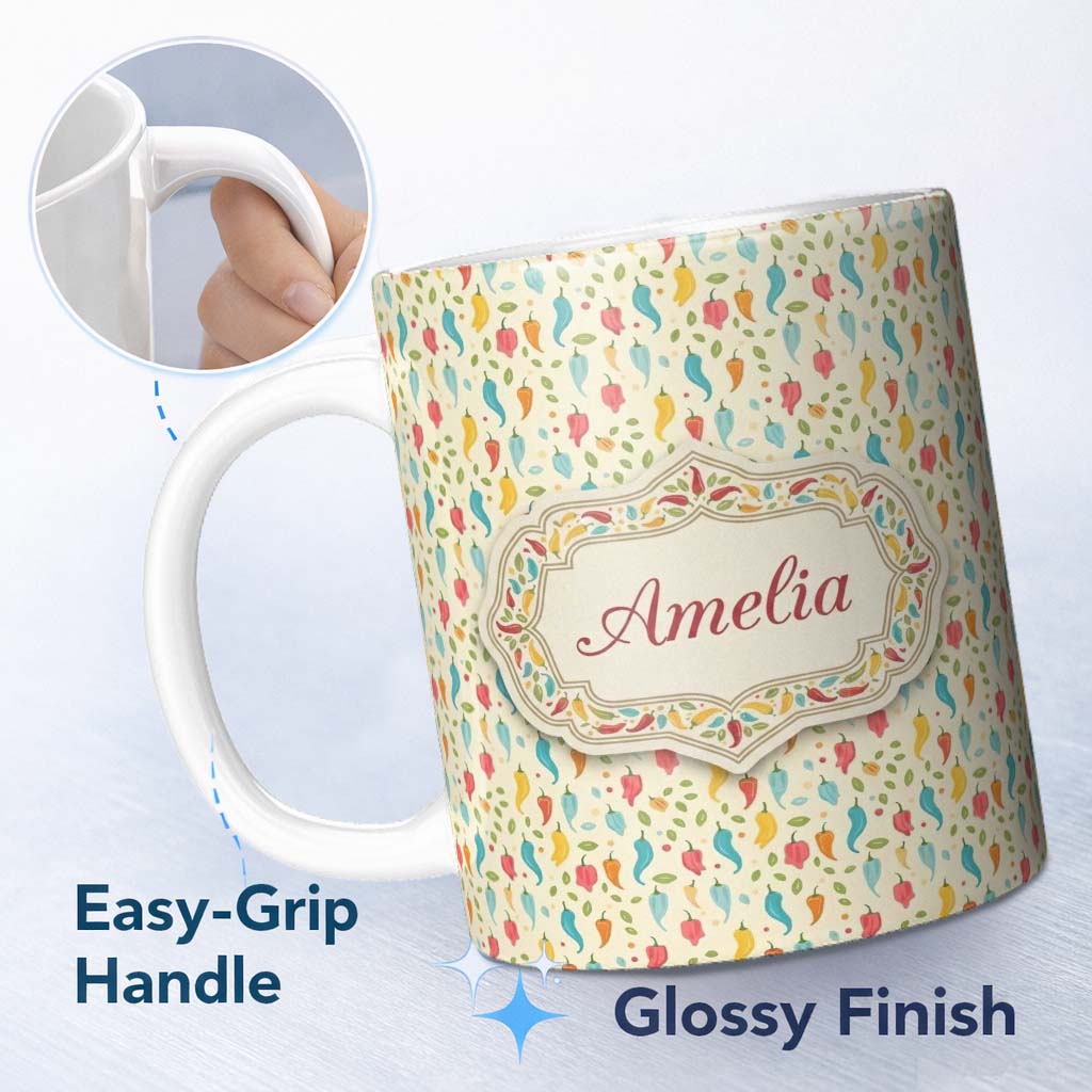 Personalized Custom Name Pastel Colorful Pepper Seamless Pattern Cute Minimal Kitchen Design 11oz Ceramic Coffee Tea Mug White Large Handle