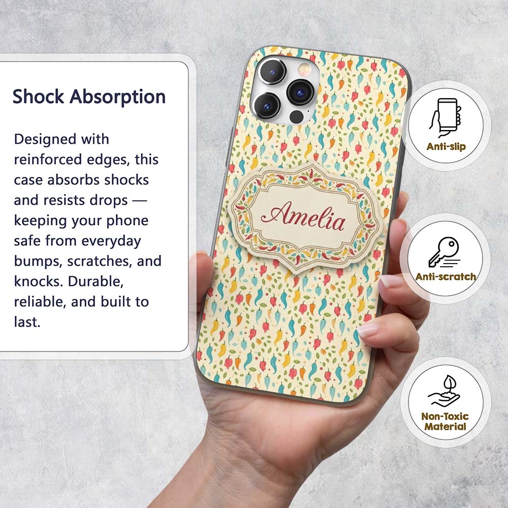 Pastel Colorful Pepper Seamless Pattern Cute Custom Name Protective Phone Case Mobile Cover Durable Everyday Smartphone Shock Resistant