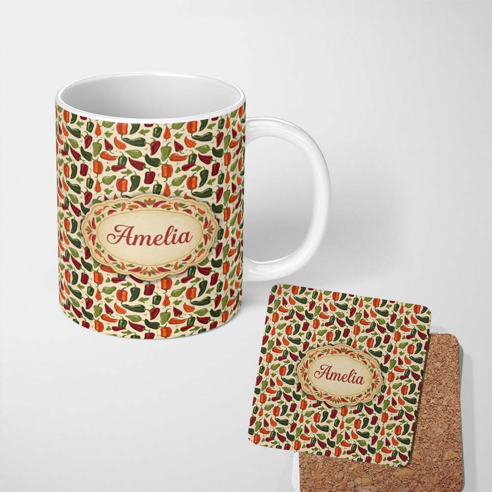 Personalized Custom Name Rustic Garden Pepper Seamless Pattern Natural Green Red Vegetable 11oz Ceramic Coffee Tea Mug White Large Handle