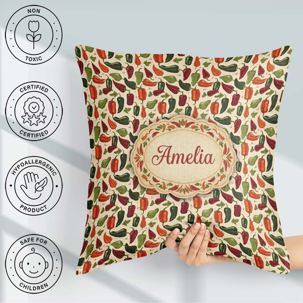 Custom Name Rustic Garden Pepper Pattern Natural Green Vegetable Square Filled Cushion Throw Pillow Sofa Bed Home Decor Zip Washable UK Made