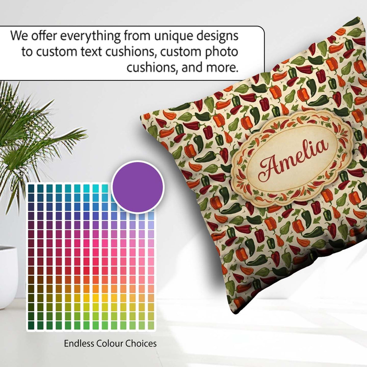 Custom Name Rustic Garden Pepper Pattern Natural Green Vegetable Square Filled Cushion Throw Pillow Sofa Bed Home Decor Zip Washable UK Made