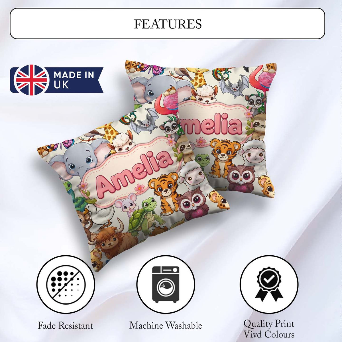 Custom Name Cute Cartoon Jungle Safari Animals Seamless on Cream Square Filled Cushion Throw Pillow Sofa Bed Home Decor Zip Washable UK Made