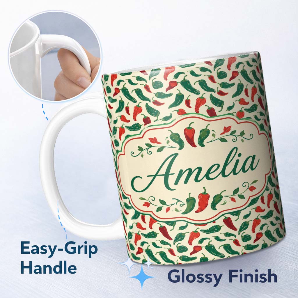 Personalized Custom Name Classic Red Green Chili Seamless Pattern Simple Food Print Design 11oz Ceramic Coffee Tea Mug White Large Handle