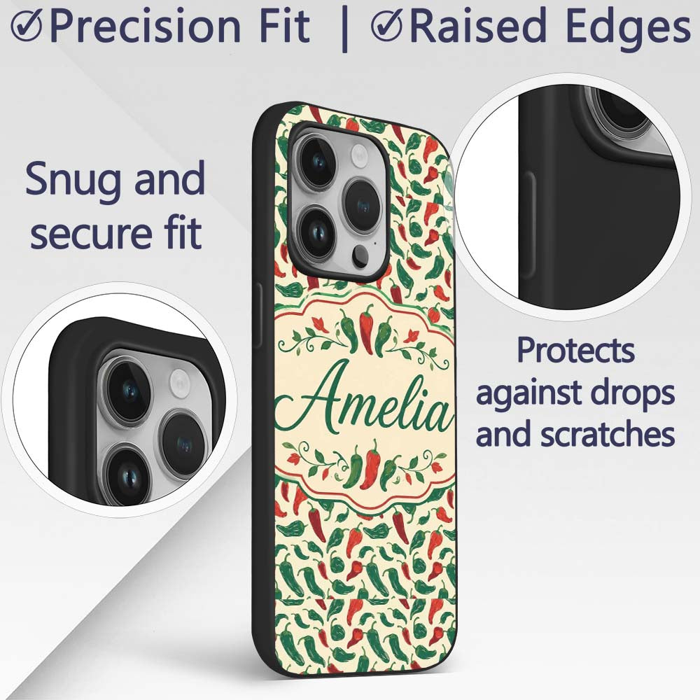 Classic Red Green Chili Seamless Pattern Simple Custom Name Protective Phone Case Mobile Cover Durable Everyday Smartphone Shock Resistant