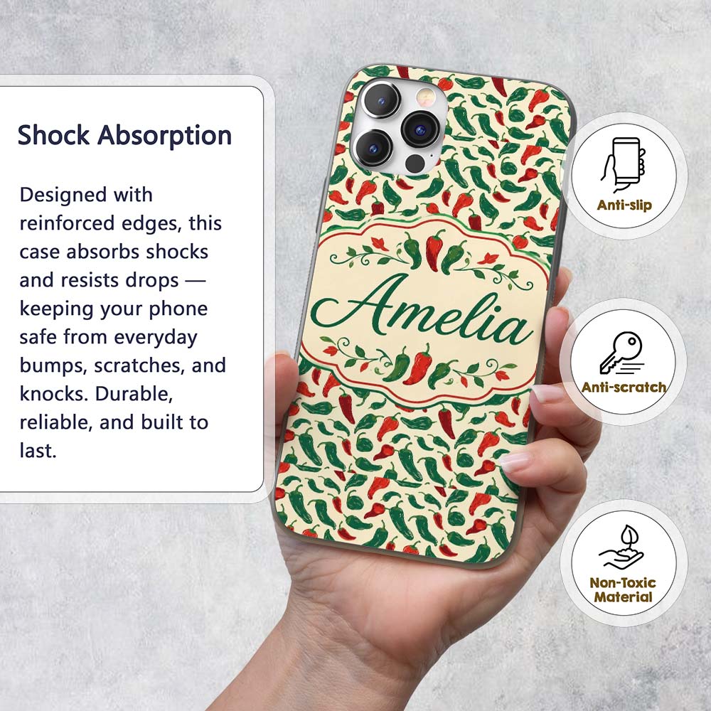 Classic Red Green Chili Seamless Pattern Simple Custom Name Protective Phone Case Mobile Cover Durable Everyday Smartphone Shock Resistant