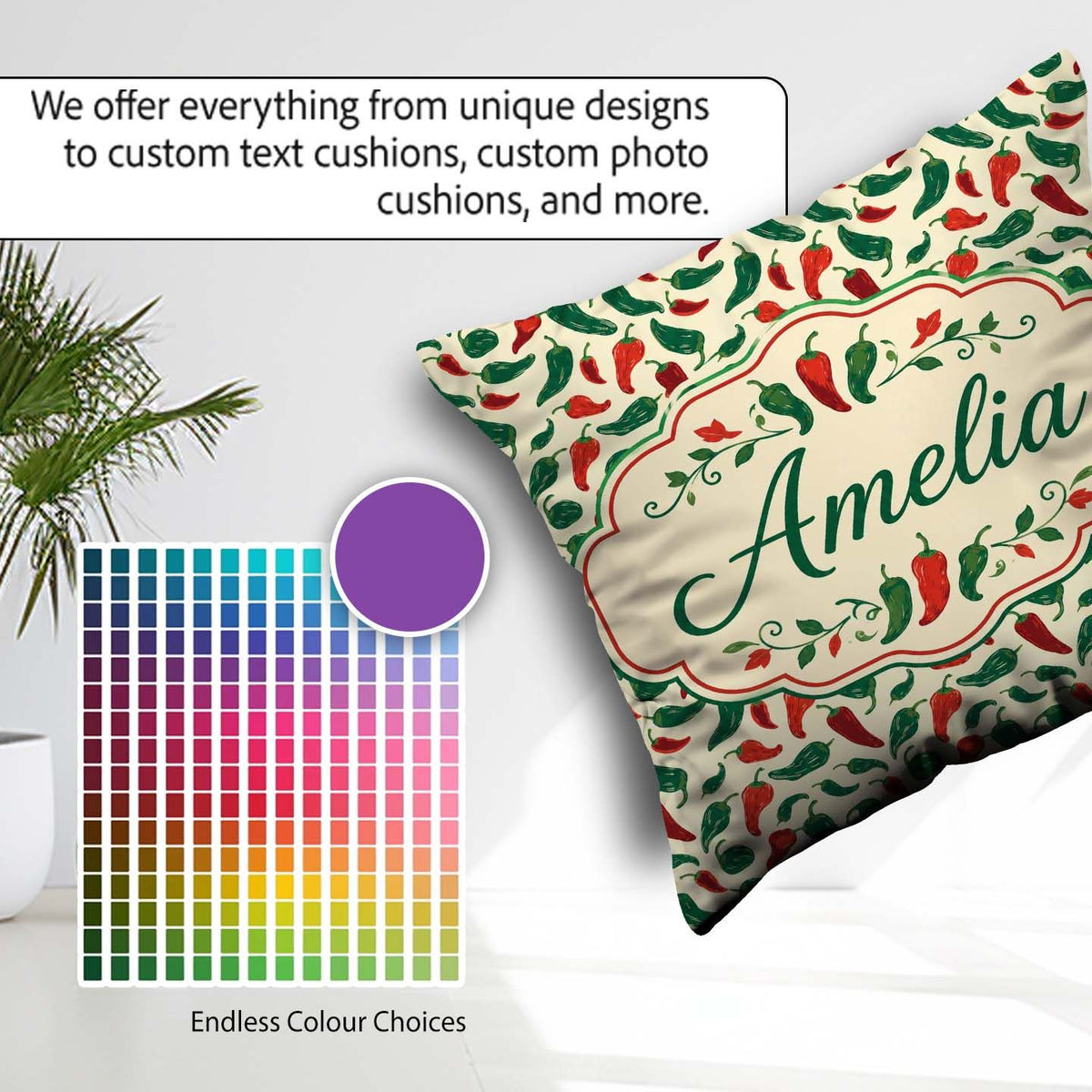 Custom Name Classic Red Green Chili Seamless Pattern Simple Food Square Filled Cushion Throw Pillow Sofa Bed Home Decor Zip Washable UK Made