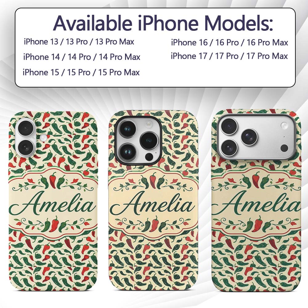 Classic Red Green Chili Seamless Pattern Simple Custom Name Protective Phone Case Mobile Cover Durable Everyday Smartphone Shock Resistant
