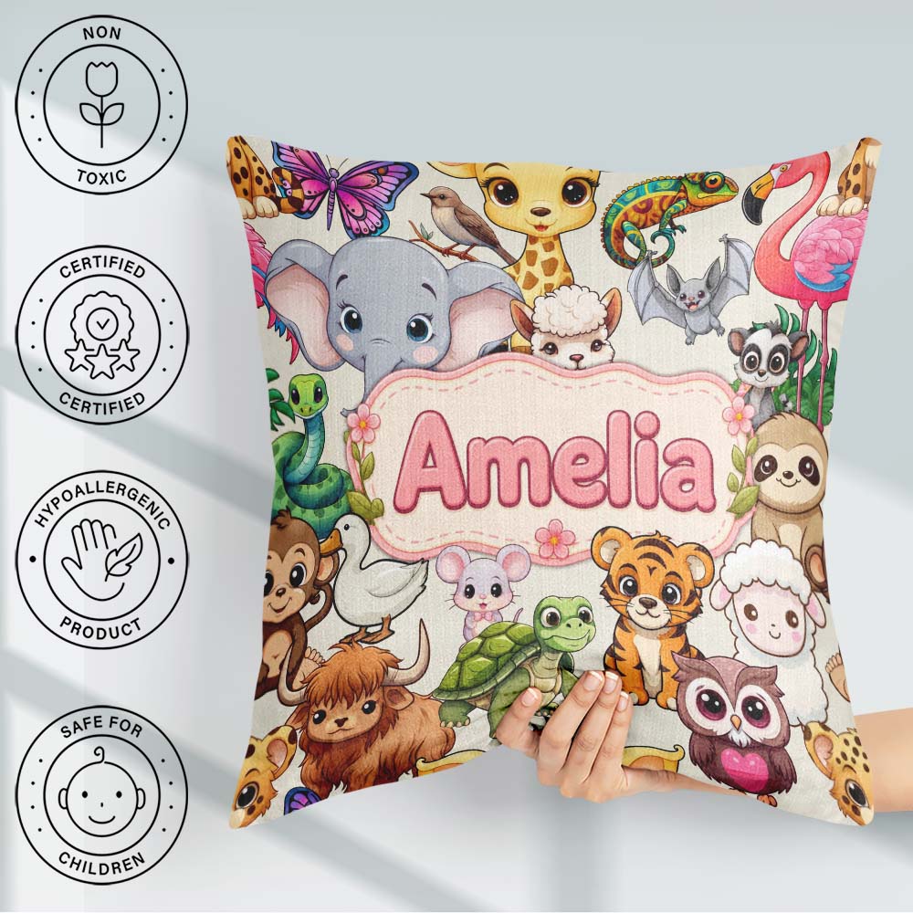 Custom Name Cute Cartoon Jungle Safari Animals Seamless on Cream Square Filled Cushion Throw Pillow Sofa Bed Home Decor Zip Washable UK Made