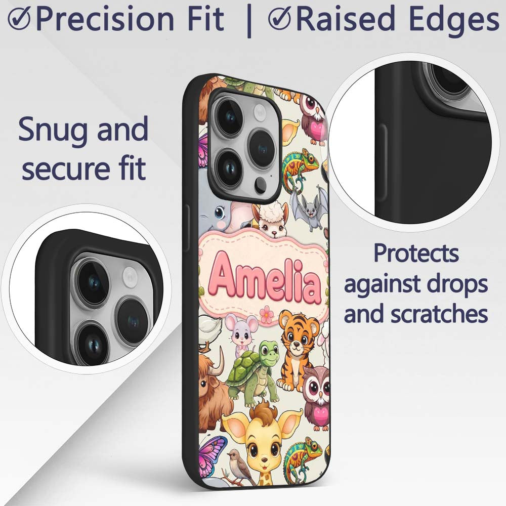 Cute Cartoon Jungle Safari Animals Printed Design Custom Name Protective Phone Case Mobile Cover Durable Everyday Smartphone Shock Resistant