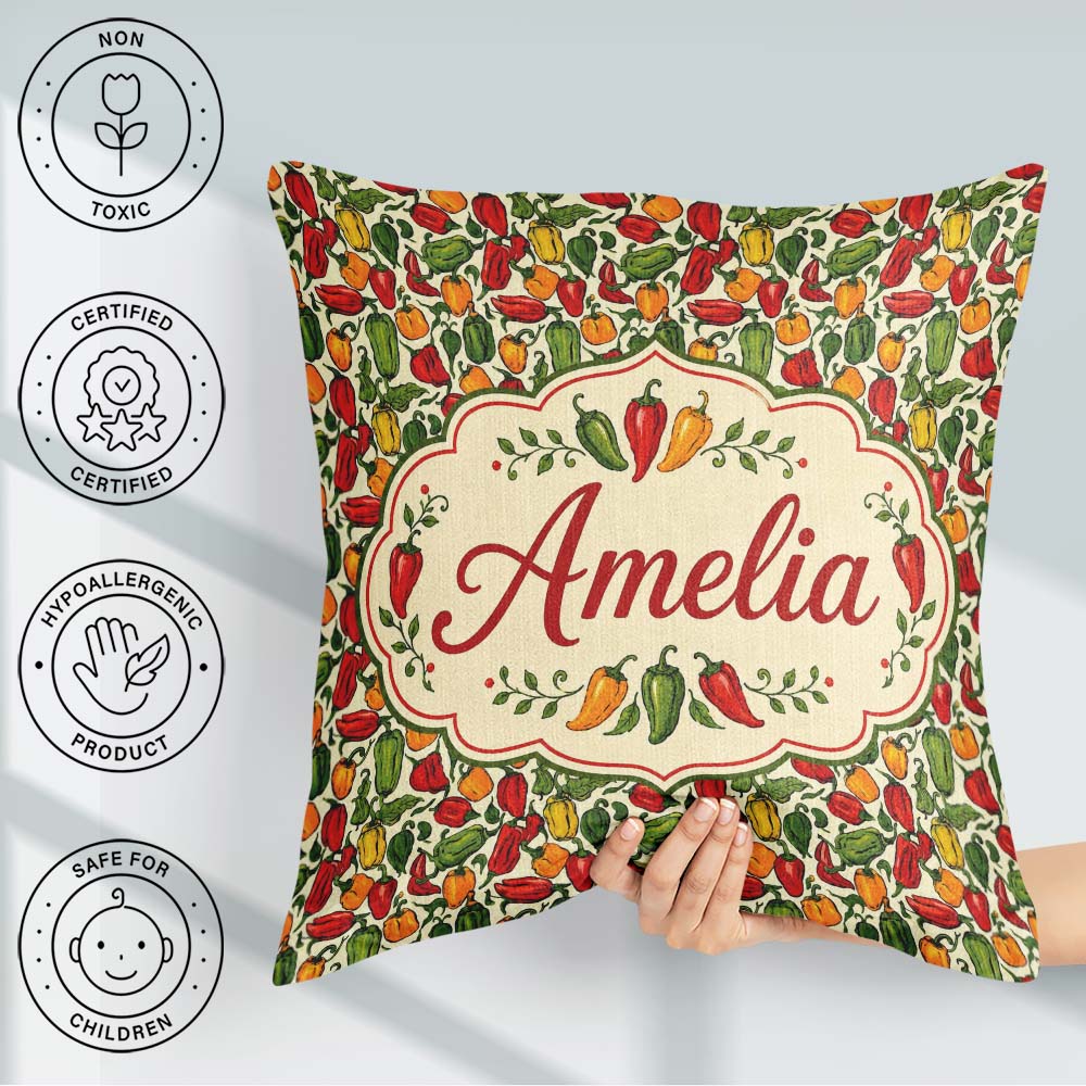 Custom Name Hand Drawn Mixed Bell Pepper Seamless Pattern Yellow Square Filled Cushion Throw Pillow Sofa Bed Home Decor Zip Washable UK Made