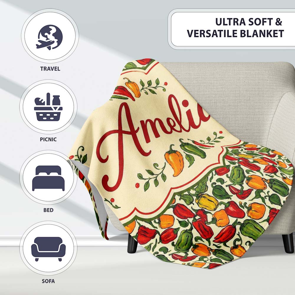 Hand Drawn Mixed Bell Pepper Seamless Pattern Red Green Yellow Personalised Custom Name Super Soft Fleece Blanket Bed Sofa Throw