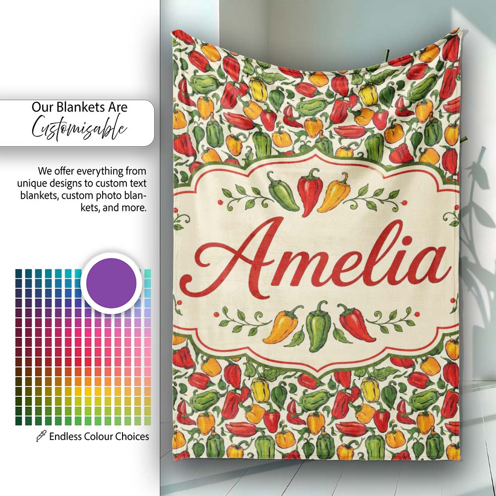 Hand Drawn Mixed Bell Pepper Seamless Pattern Red Green Yellow Personalised Custom Name Super Soft Fleece Blanket Bed Sofa Throw