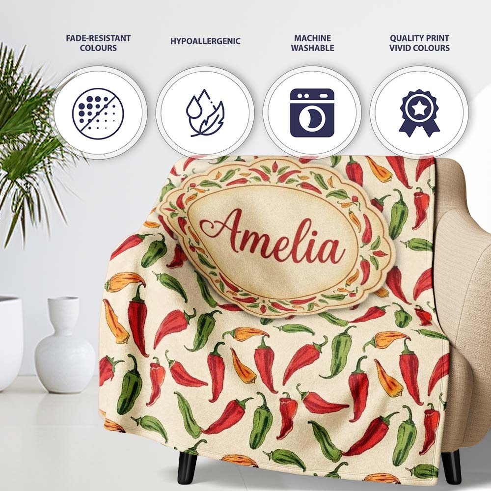 Red Green Chili Pepper Vintage Seamless Pattern Art Name Personalised Custom Name Super Soft Fleece Blanket Bed Sofa Throw
