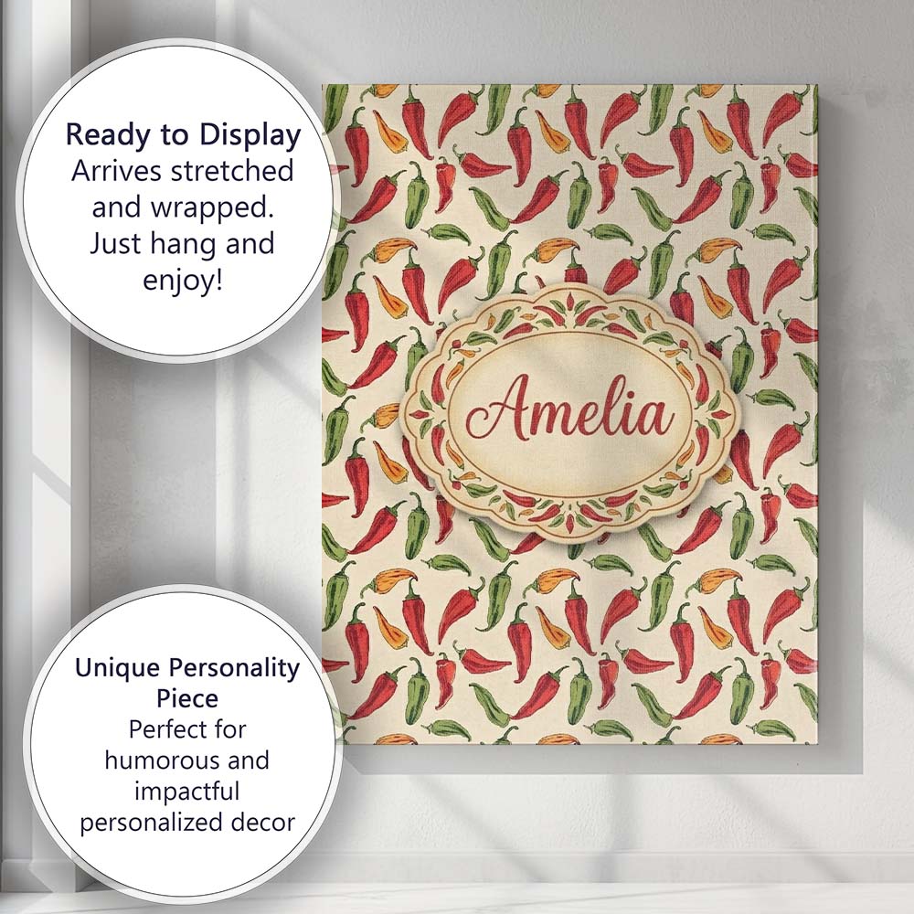 Personalised Name Red Green Chili Pepper Custom Unique Gift Idea Elegant Feature Canvas Wall Art Print Decor Picture Ready to Hang