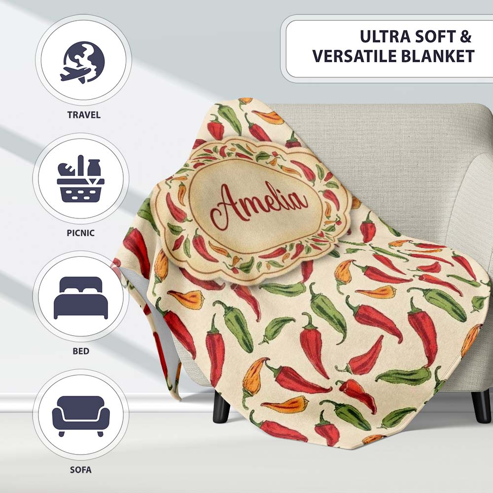 Red Green Chili Pepper Vintage Seamless Pattern Art Name Personalised Custom Name Super Soft Fleece Blanket Bed Sofa Throw