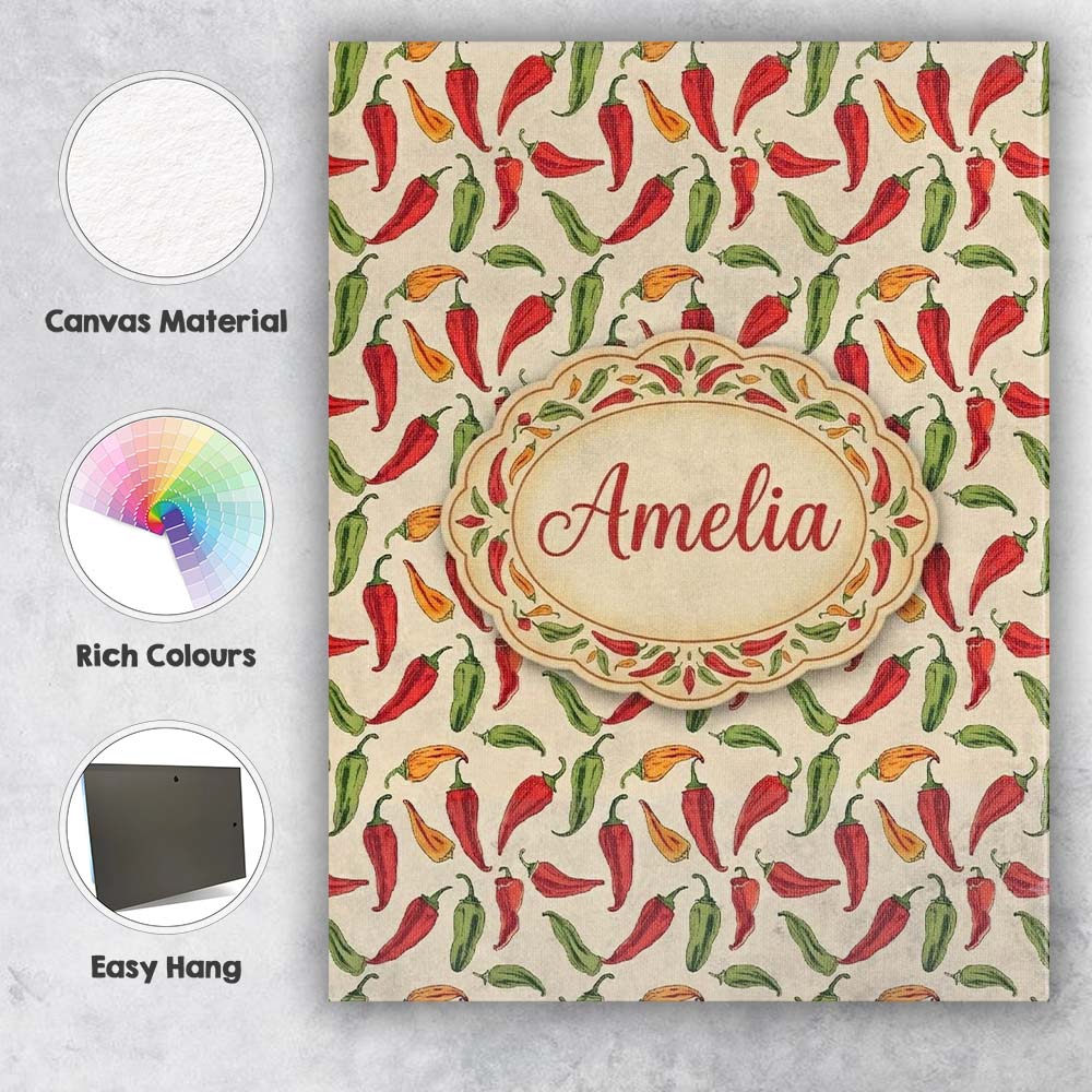 Personalised Name Red Green Chili Pepper Custom Unique Gift Idea Elegant Feature Canvas Wall Art Print Decor Picture Ready to Hang
