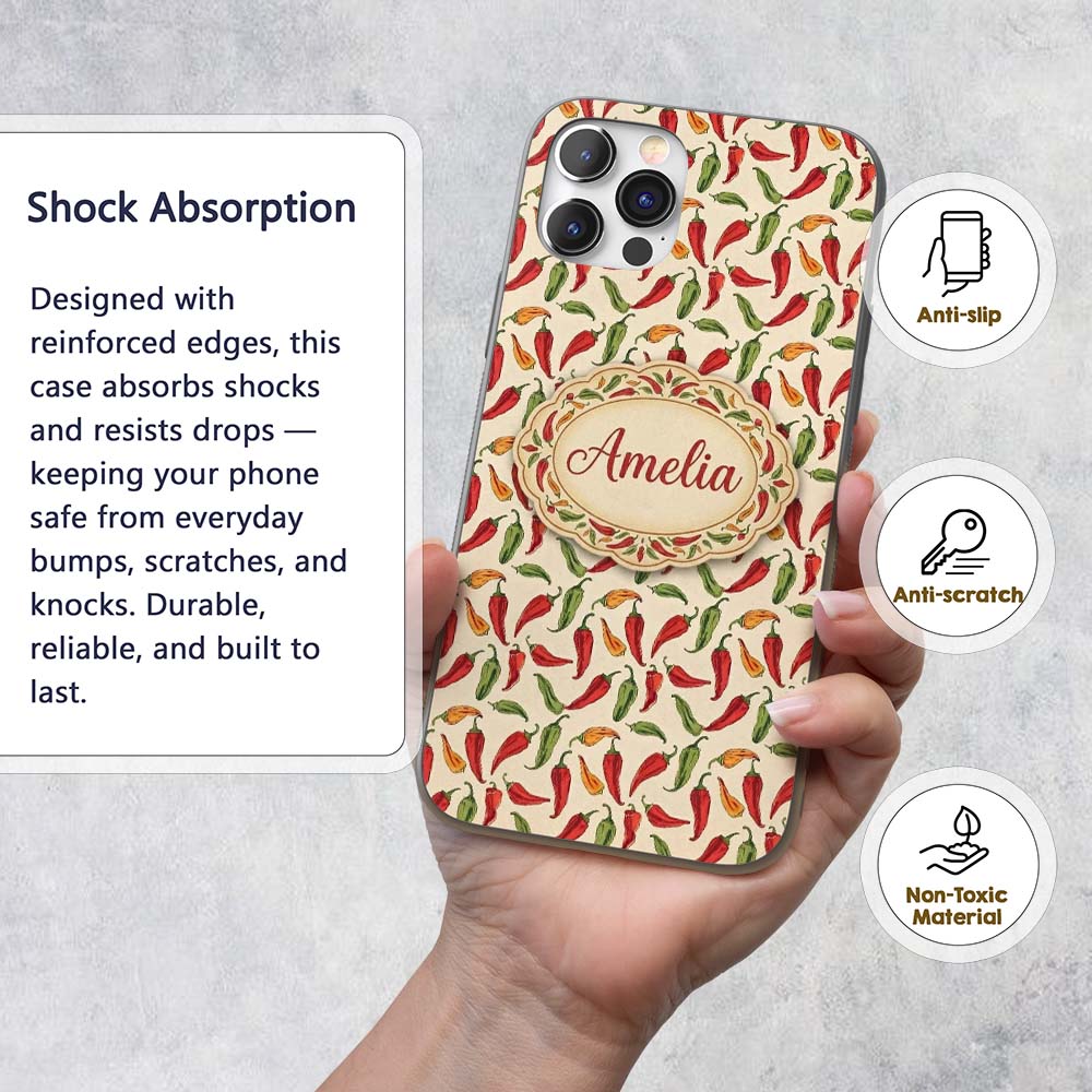 Red Green Chili Pepper Vintage Seamless Pattern Custom Name Protective Phone Case Mobile Cover Durable Everyday Smartphone Shock Resistant