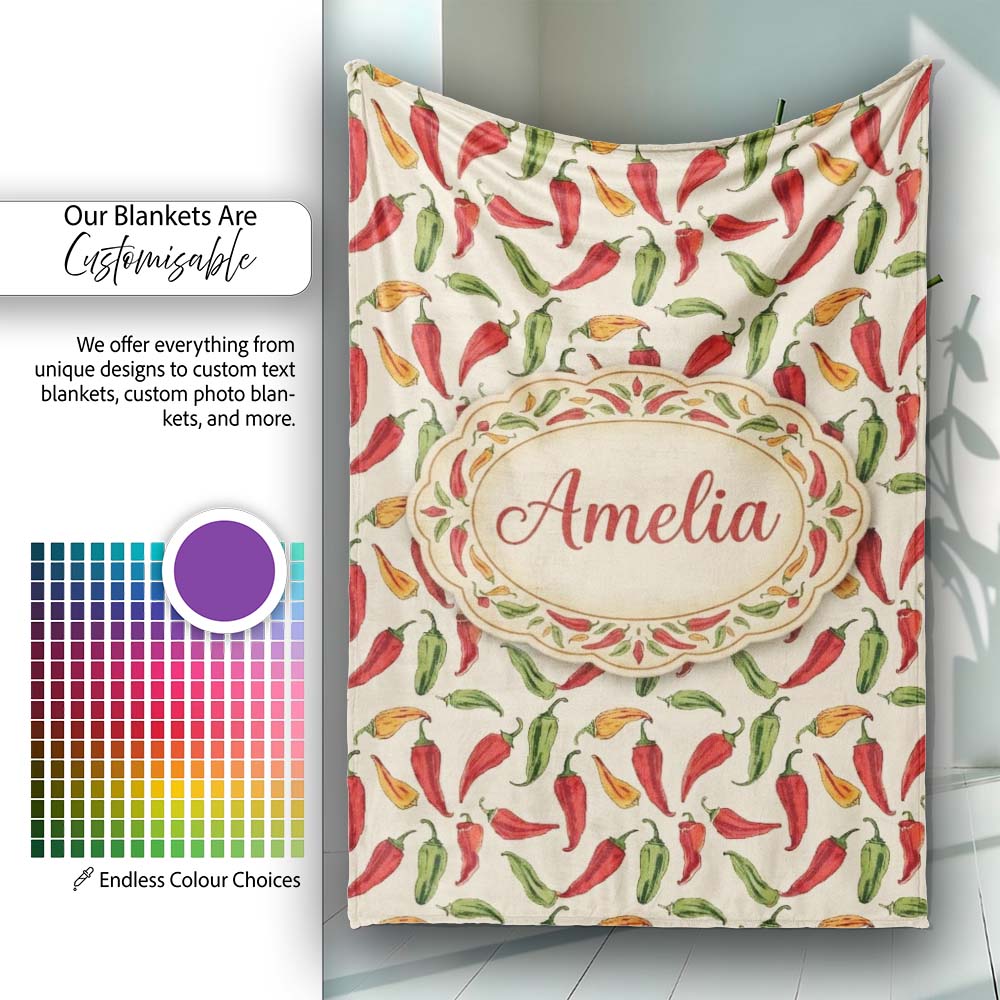 Red Green Chili Pepper Vintage Seamless Pattern Art Name Personalised Custom Name Super Soft Fleece Blanket Bed Sofa Throw