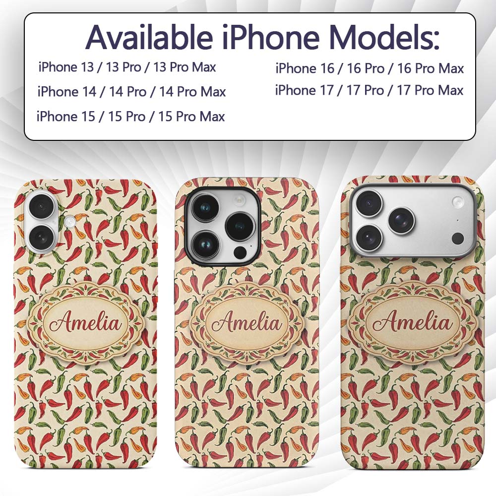 Red Green Chili Pepper Vintage Seamless Pattern Custom Name Protective Phone Case Mobile Cover Durable Everyday Smartphone Shock Resistant