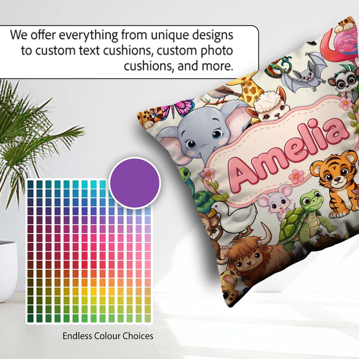 Custom Name Cute Cartoon Jungle Safari Animals Seamless on Cream Square Filled Cushion Throw Pillow Sofa Bed Home Decor Zip Washable UK Made