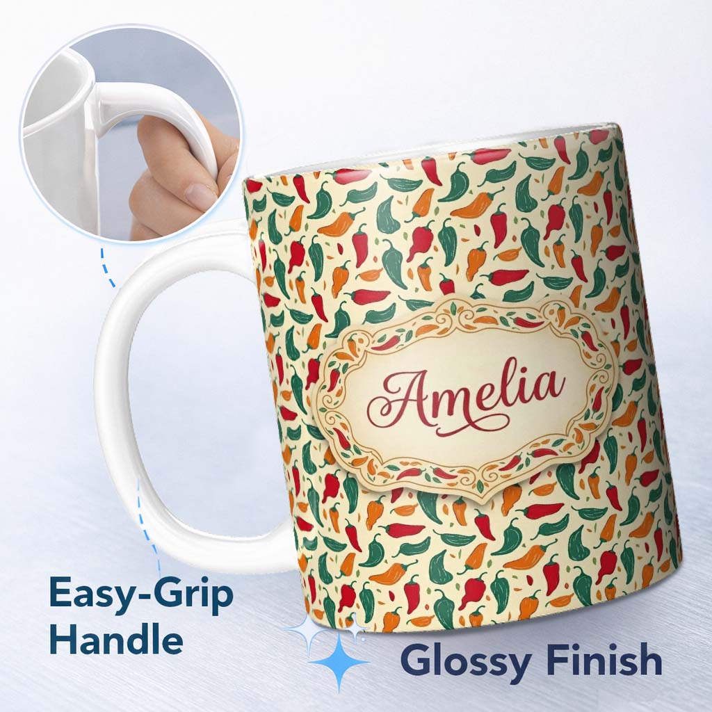 Personalized Custom Name Colorful Minimal Chili Pepper Tossed Seamless Pattern Cream 11oz Ceramic Coffee Tea Mug White Large Handle
