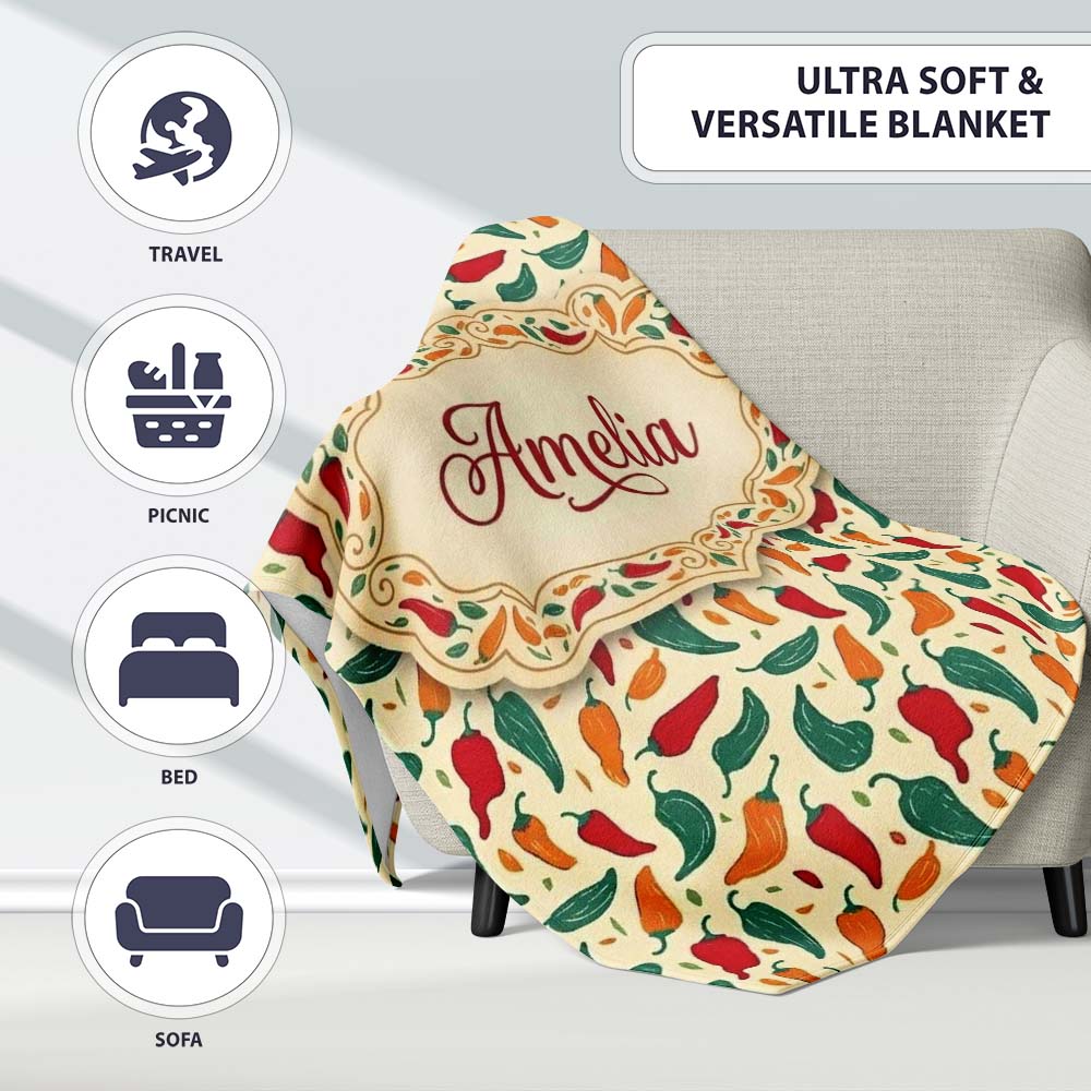Colorful Minimal Chili Pepper Tossed Seamless Pattern Cream Personalised Custom Name Super Soft Fleece Blanket Bed Sofa Throw