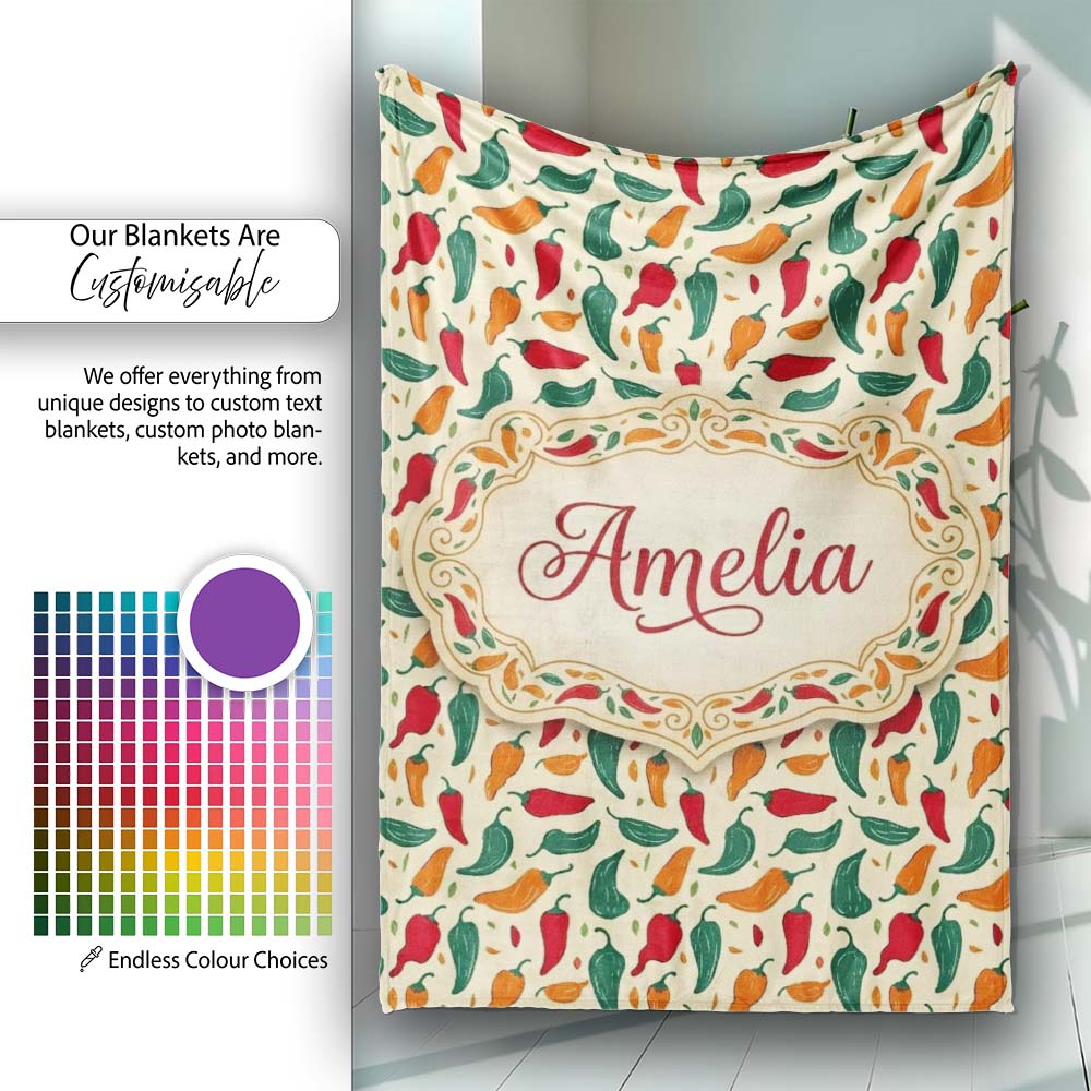 Colorful Minimal Chili Pepper Tossed Seamless Pattern Cream Personalised Custom Name Super Soft Fleece Blanket Bed Sofa Throw