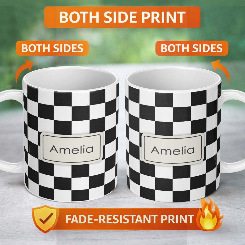 Personalized Custom Name Black White Checkered Wavy Grid Seamless Pattern Moderns Name Cute 11oz Ceramic Coffee Tea Mug White Large Handle