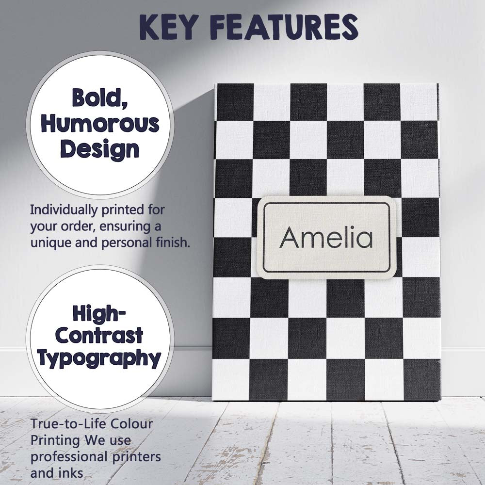Personalised Name Black White Checkered Custom Modern Room Accent Elegant Feature Canvas Wall Art Print Decor Picture Ready to Hang
