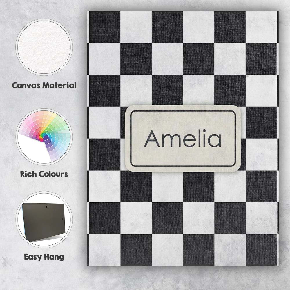 Personalised Name Black White Checkered Custom Modern Room Accent Elegant Feature Canvas Wall Art Print Decor Picture Ready to Hang