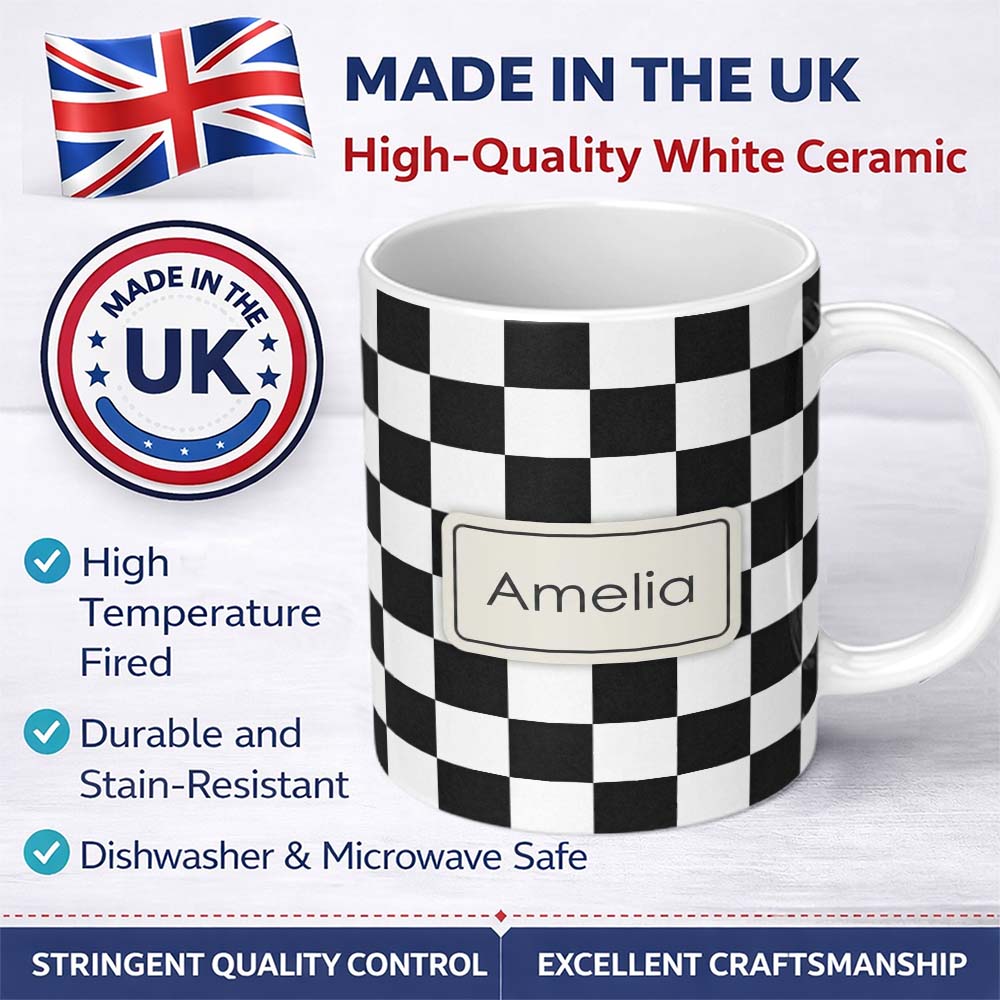 Personalized Custom Name Black White Checkered Wavy Grid Seamless Pattern Moderns Name Cute 11oz Ceramic Coffee Tea Mug White Large Handle