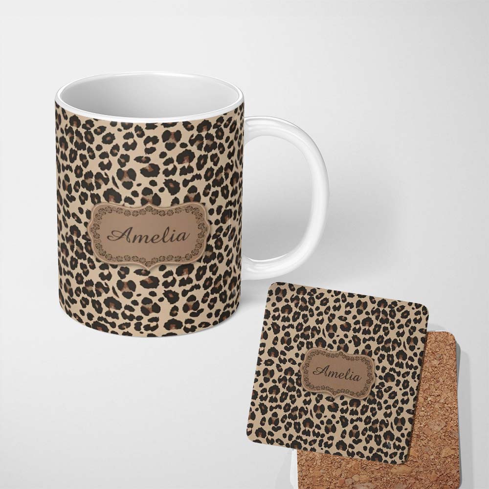 Personalized Custom Name Classic Leopard Print Seamless Pattern Beige Brown Spots v2 Name 11oz Ceramic Coffee Tea Mug White Large Handle