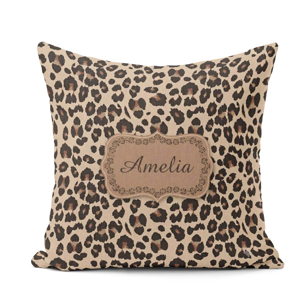 Custom Name Classic Leopard Print Pattern Beige Brown Spots Name Square Filled Cushion Throw Pillow Sofa Bed Home Decor Zip Washable UK Made