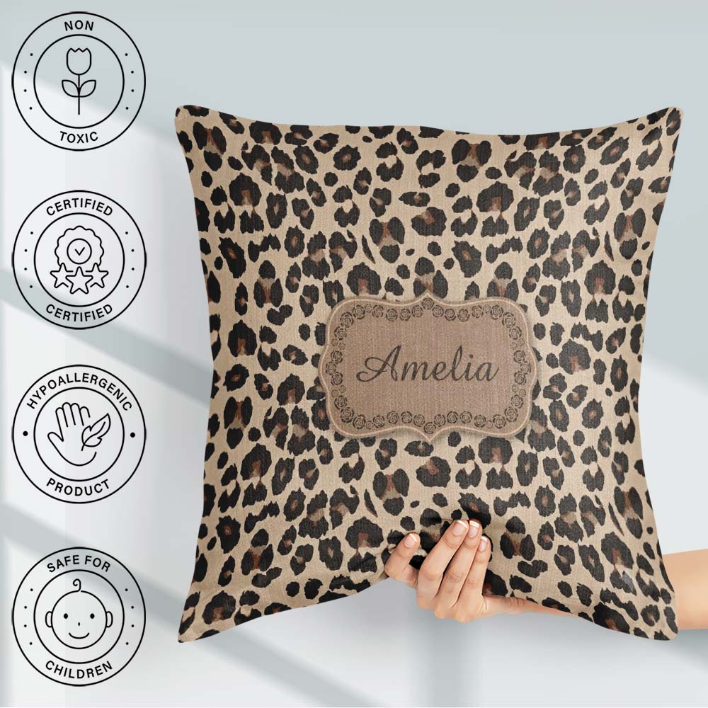 Custom Name Classic Leopard Print Pattern Beige Brown Spots Name Square Filled Cushion Throw Pillow Sofa Bed Home Decor Zip Washable UK Made